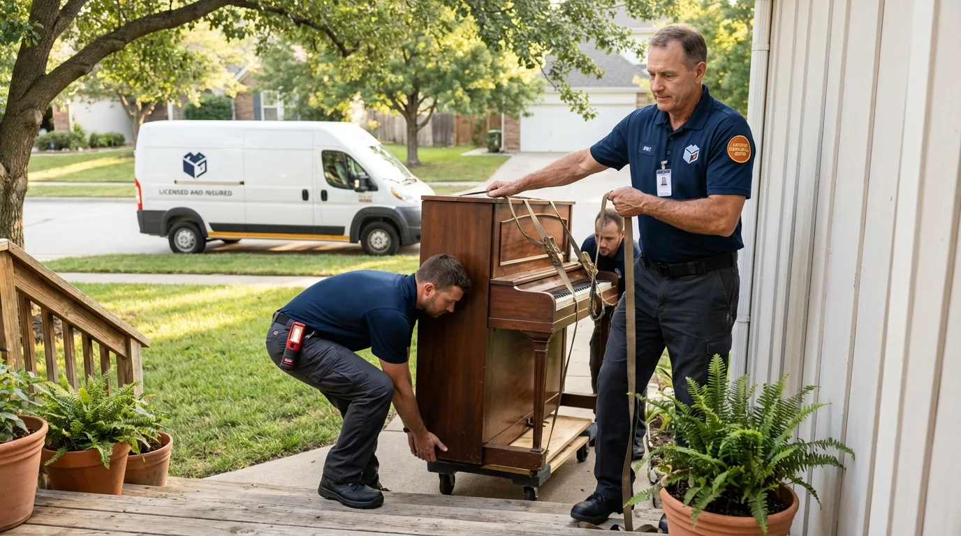 Licensed piano movers securing grand piano in Versailles, KY