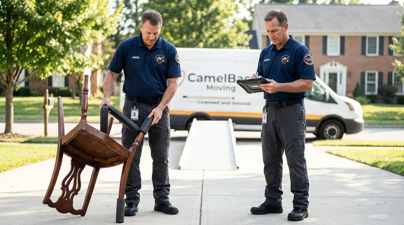 Movers inspecting furniture for damage prevention before loading in Versailles, KY